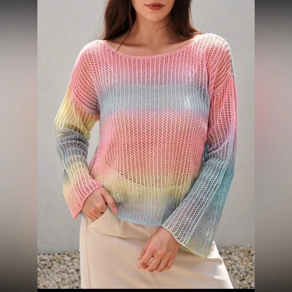 SHEIN VCAY Ombre Drop Shoulder Pointelle Knit Sweater Without Cami Top s… - Picture 4 of 13